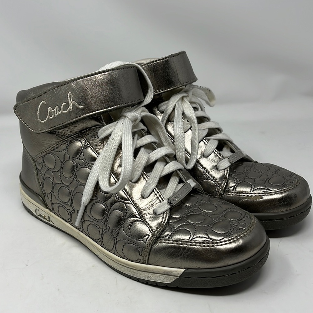 COACH NANETTE METALLIC QUILTED LEATHER C-LOGO VELCRO HIGH TOP SNEAKERS SZ 7.5..